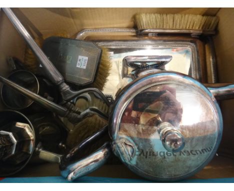 Silver mounted dressing table wares, comprising; a hand mirror, two gentlemen's hairbrushes, another hairbrush and a clothes 