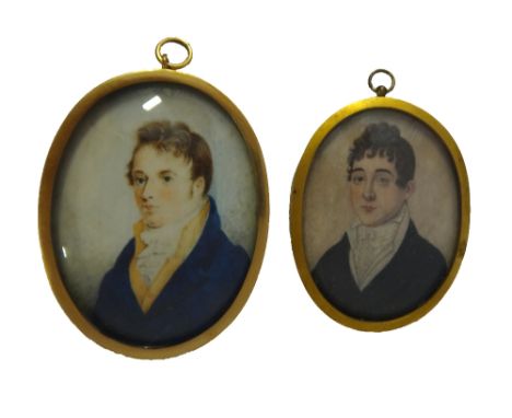 Early 19th century, English School, portrait miniature on ivory of a gentleman wearing a blue coat, yellow waistcoat and whit