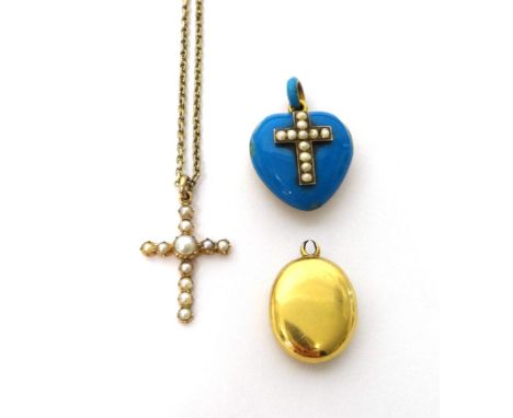 A gold and half pearl set pendant cross with a neckchain, a gold, turquoise colour enamel and seed pearl set heart shaped pen