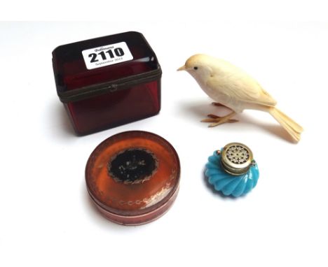 A Victorian ruby glass and metal mounted casket of rectangular form, 7cm wide, a faux tortoiseshell circular patch box, a Jap