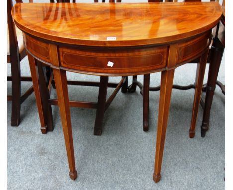 A George III style satinwood banded mahogany card table on tapering square supports, 92cm wide. 