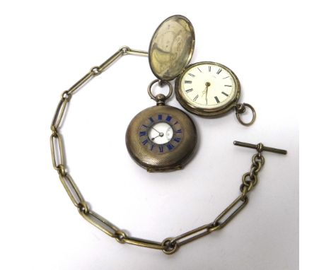 A silver cased, key wind, half hunting cased pocket watch, a plated bar and oval link watch Albert chain and a silver cased, 