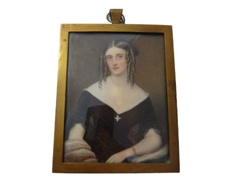 English School, circa 1840, portrait miniature on ivory of a young lady with ringlets, wearing a black dress with a pearl cro