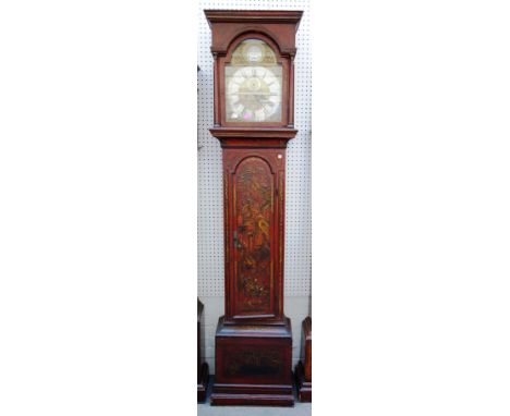 An 18th century scarlet Japanned eight day longcase clock, the arch top twelve inch dial with subsidiary second and calendar 