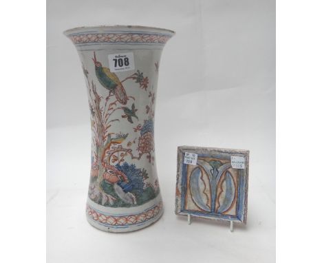 A Dutch Delft polychrome vase, 18th century, of waisted cylindrical form, painted with birds in flowering branches, 27cm. hig