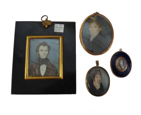 Late 17th century English school style portrait miniature on ivory of a man with  long brown wig, wearing a striped white dou