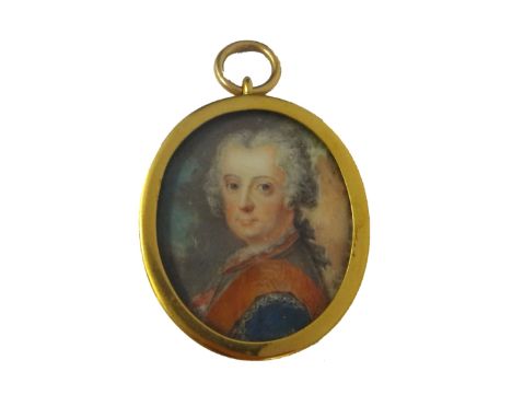 Mid-18th century, Continental School, portrait miniature on ivory of Frederick the Great, wearing a blue uniform and orange s