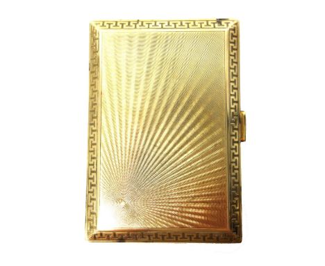A lady's 9ct gold rectangular powder compact, fitted with a mirror within (cracked), the exterior engine turned within a Gree