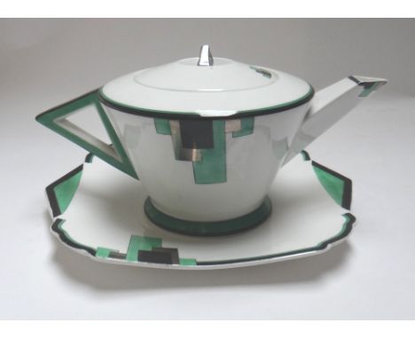 A Shelley porcelain part tea service, Vogue green blocks, no 11485, comprising a teapot, a cream jug, six cups, saucers and s