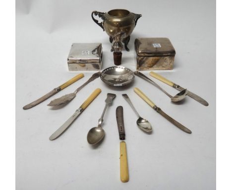 Silver and silver mounted wares, comprising; two square cigarette boxes, each wooden lined within, a Scottish sauce ladle, pr