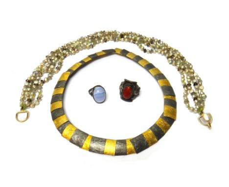 A silver and gilt collar necklace, in a square panel shaped linkage design, on a hook shaped clasp, detailed MG 925, a freshw