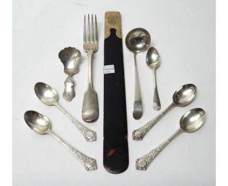 Silver and silver mounted wares, comprising; a fiddle pattern table fork, an 18th century teaspoon, a Scottish small ladle, p