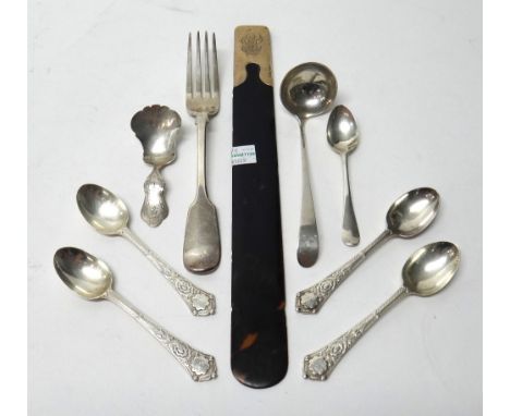 Silver and silver mounted wares, comprising; a fiddle pattern table fork, an 18th century teaspoon, a Scottish small ladle, p