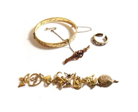 Mostly 9ct gold jewellery, comprising; a red gem set bar brooch with a twin hearts motif, an oval pendant locket, eight penda