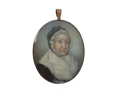 Early 19th century, English School, portrait miniature on ivory of a widow wearing black bonnet with lace trim, white shawl a