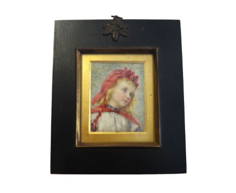 "R C" - a Victorian English School portrait miniature on ivory of a young girl wearing a red bonnet and sash, signed with ini