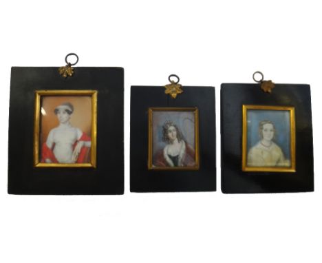 Du****f 19th century French School
Portrait miniature on ivory of a woman in a blue and white striped dress, indistinctly sig