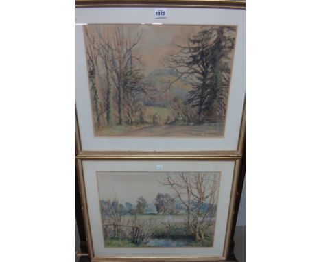 Isobel Wrightson (1890-1950), Chanctonbury Ring; Near Chanctonbury, a pair, watercolour and mixed media, both signed (twice),