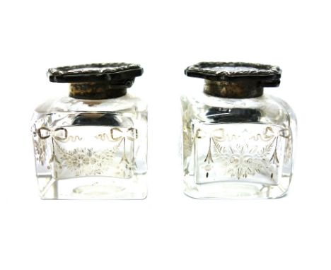 Two silver and tortoiseshell lidded square glass ink bottles etched with floral swags, London 1906, a Sterling silver bookmar