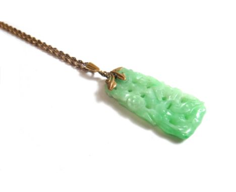 A carved jade drop shaped pendant, with a foliate suspension fitted to a gold multiple link neckchain, on a boltring clasp.