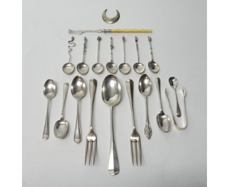 Silver table flatware, comprising; three rat tail pattern teaspoons, with two matching table forks, Sheffield 1904, a similar