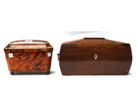 A Regency blonde tortoiseshell twin division tea caddy of sarcophagus form, 21cm (a.f.), together with a Regency rosewood tea