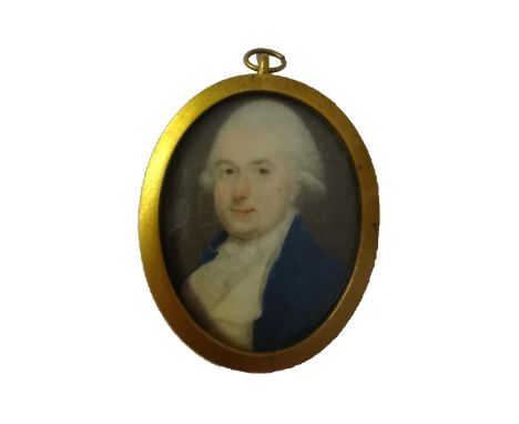 Late 18th century English School, portrait miniature on ivory of a gentleman wearing a blue coat and a white stock, pencil in