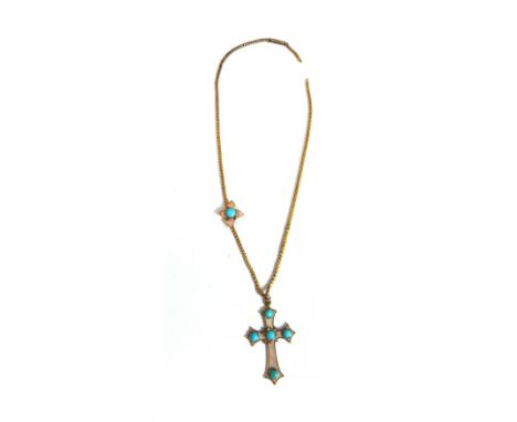 A Victorian gold, turquoise set and pink pastel shaded enamel pendant cross, with a gold serpentine link neckchain, damaged, 