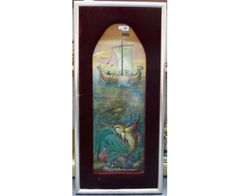 A glazed ceramic plaque, 20th century, in the manner of William de Morgan, painted with a viking ship over relief moulded fis