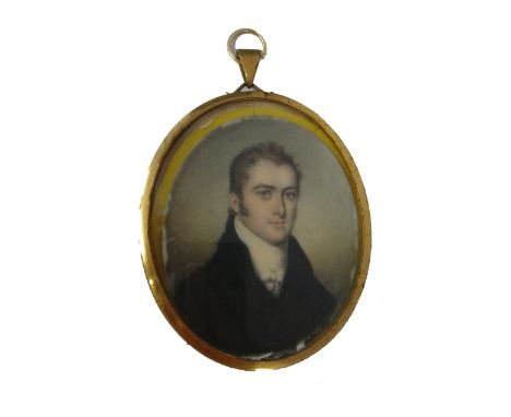 Early 19th century, English School, portrait miniature on ivory of a young man wearing a black coat with a white stock, numbe