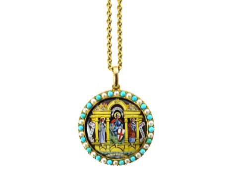 A gold, enamelled and gem set circular pendant, the front enamelled with the figures of three saints, comprising; St George, 