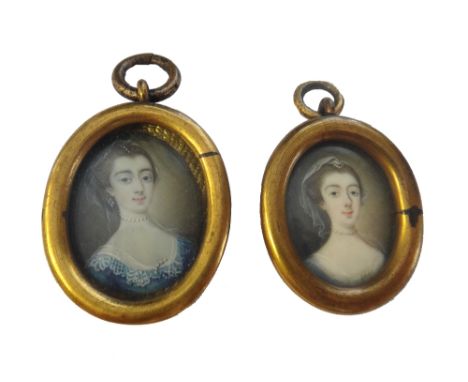 GHP or GHL, mid-18th century English School, portrait miniature on ivory of a young girl wearing a blue dress with a pearl ch