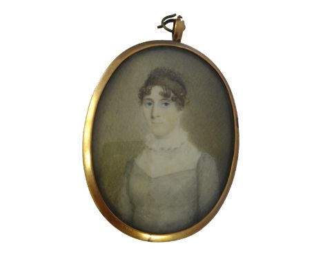 Early 19th century, English School, portrait miniature on ivory of a young lady wearing a grey dress, with white fichu and a 