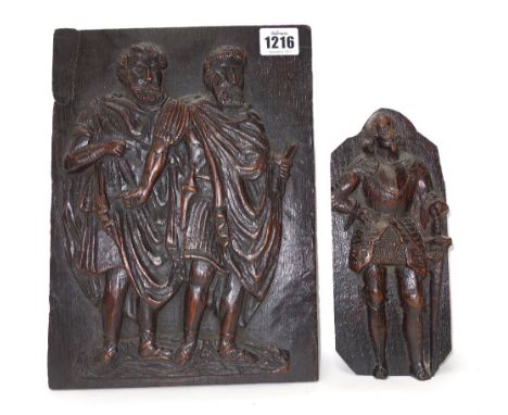 An 18th century oak panel relief carved with a pair of robed men, 21cm wide x 29cm high, together with a similar of a noblema