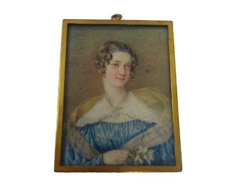 Edwin Dalton Smith (1800-1866), British portrait miniature on ivory of Frances Laetitia Phillipa Kelso nee Purvis, with a blu