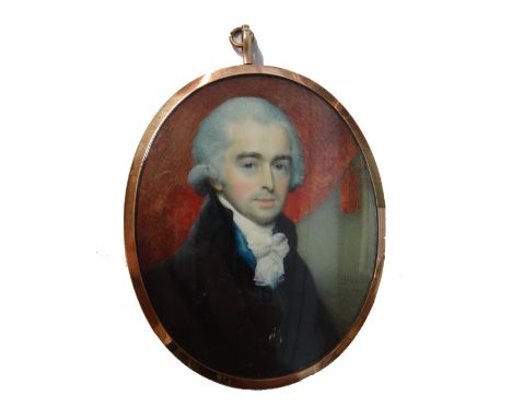 George Place (1755-1809), Irish portrait miniature on ivory of Thomas Lemon, wearing a dark coat, blue waistcoat and a white 