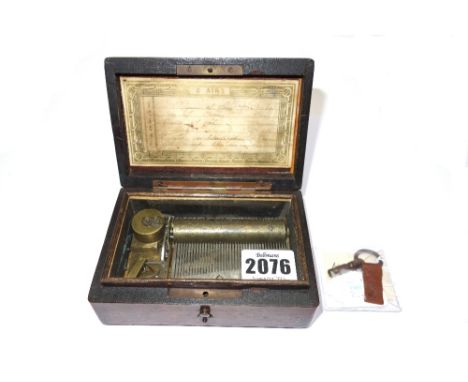 A miniature walnut cased music box, late 19th century, playing 6 airs, 12.5cm wide (key). 