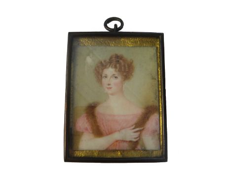 Arthur Parsey (early 19th century), English portrait miniature on ivory of a lady wearing a pink dress trimmed with fur, sign