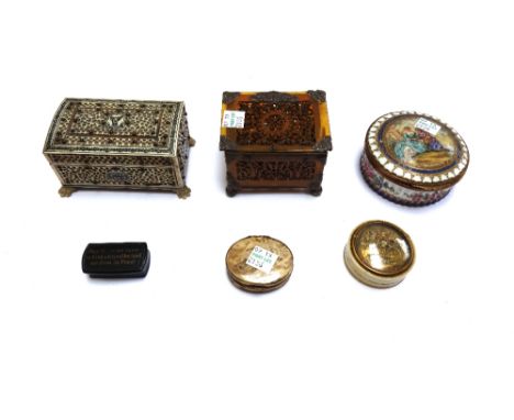 An ivory and tortoiseshell miniature casket, early 20th century, with all-over pierced body on lion paw feet, 10.5cm wide, a 