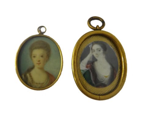 English school, circa 1750, portrait miniature on ivory of a lady, her head resting against her right hand, wearing a fur tri