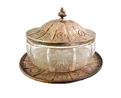 A Victorian silver mounted glass circular bowl with cover and stand, the facet cut circular bowl with etched decoration, the 