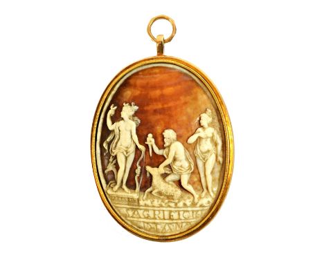 A 19th century carved oval shell cameo in a classical design, depicting a sacrifice to Diana, detailed to the exergue SAGFRIC
