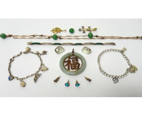 A gold, pearl and pale green gem set pendant, detailed 15 CT, a gold, seed pearl and peridot set brooch, designed as a spray,