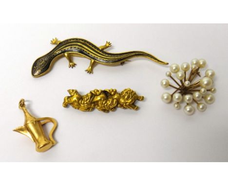 A costume brooch, designed as a lizard, a gold and cultured pearl set brooch, detailed K 10, a gilt fronted brooch, formed as