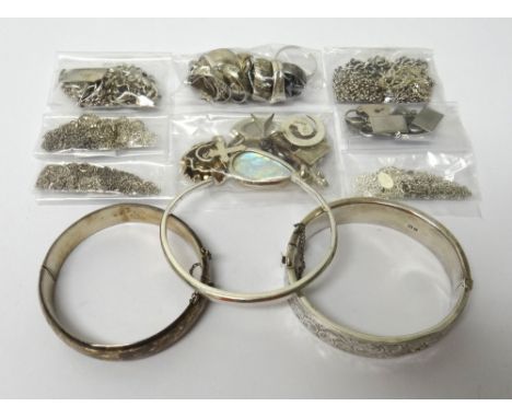 Mostly silver jewellery, comprising; three bangles, three bracelets, twelve rings, sixteen neckchains, ten pendants and charm