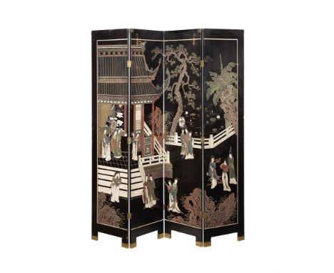 A JAPANESE BLACK AND POLYCHROME LACQUER ROOM SCREENEach panel 183cm high, 41cm wideCondition Report: Marks, knocks, scratches