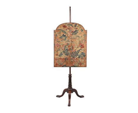 A GEORGE III MAHOGANY POLESCREENCIRCA 1780The height adjustable tapestry covered screen with scrolling potted foliage on a tu