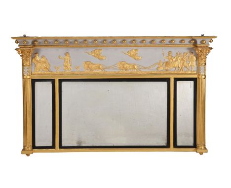 A REGENCY PAINTED AND PARCEL GILT OVERMANTEL WALL MIRRORCIRCA 1820The frieze with figures and a lion drawn chariot scene poss