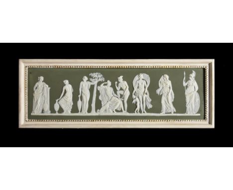A WEDGWOOD SAGE-GREEN DIP JASPER RECTANGULAR PANEL LATE 19TH CENTURY Sprigged in white relief with The Judgement of Paris Imp