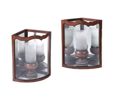A PAIR OF GLAZED CORNER WALL LIGHTSMODERN, PROBABLY BY COLEFAX & FOWLERTo simulate mahogany, with integral loose lightsEach 3